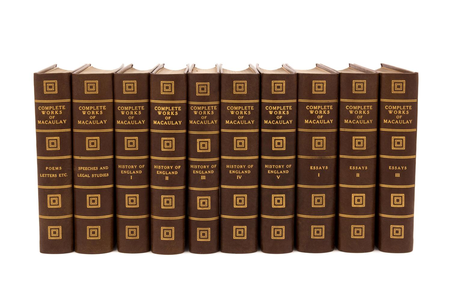 MACAULAY, Thomas Babington, Lord (1800-1859). Complete Works. Boston and New York: Houghton, Mifflin and Co., 1910.