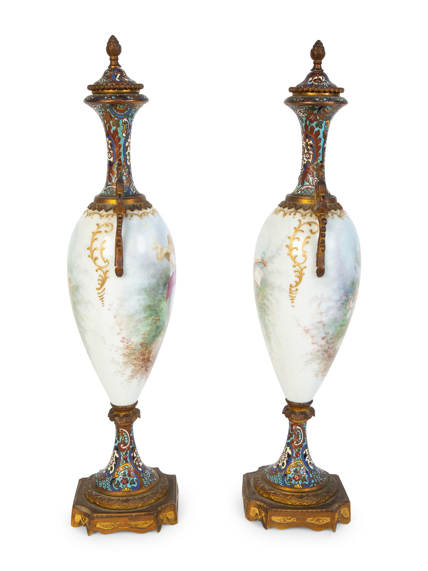 A Pair of Sevres Porcelain and Champleve Gilt Bronze Mounted Vases — 19TH CENTURY