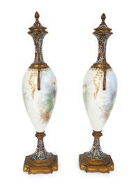 A Pair of Sevres Porcelain and Champleve Gilt Bronze Mounted Vases — 19TH CENTURY