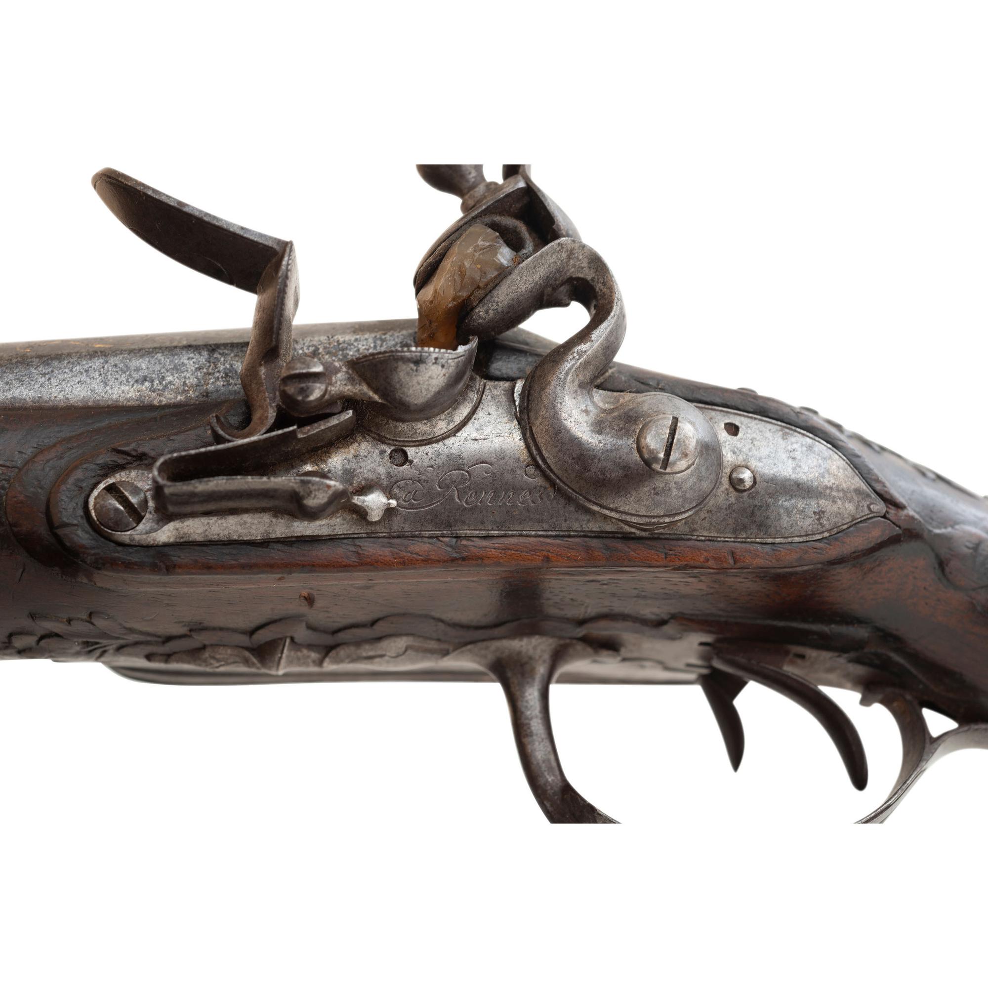 French Double Barrel Flintlock Pistol by Rennes Jourjon