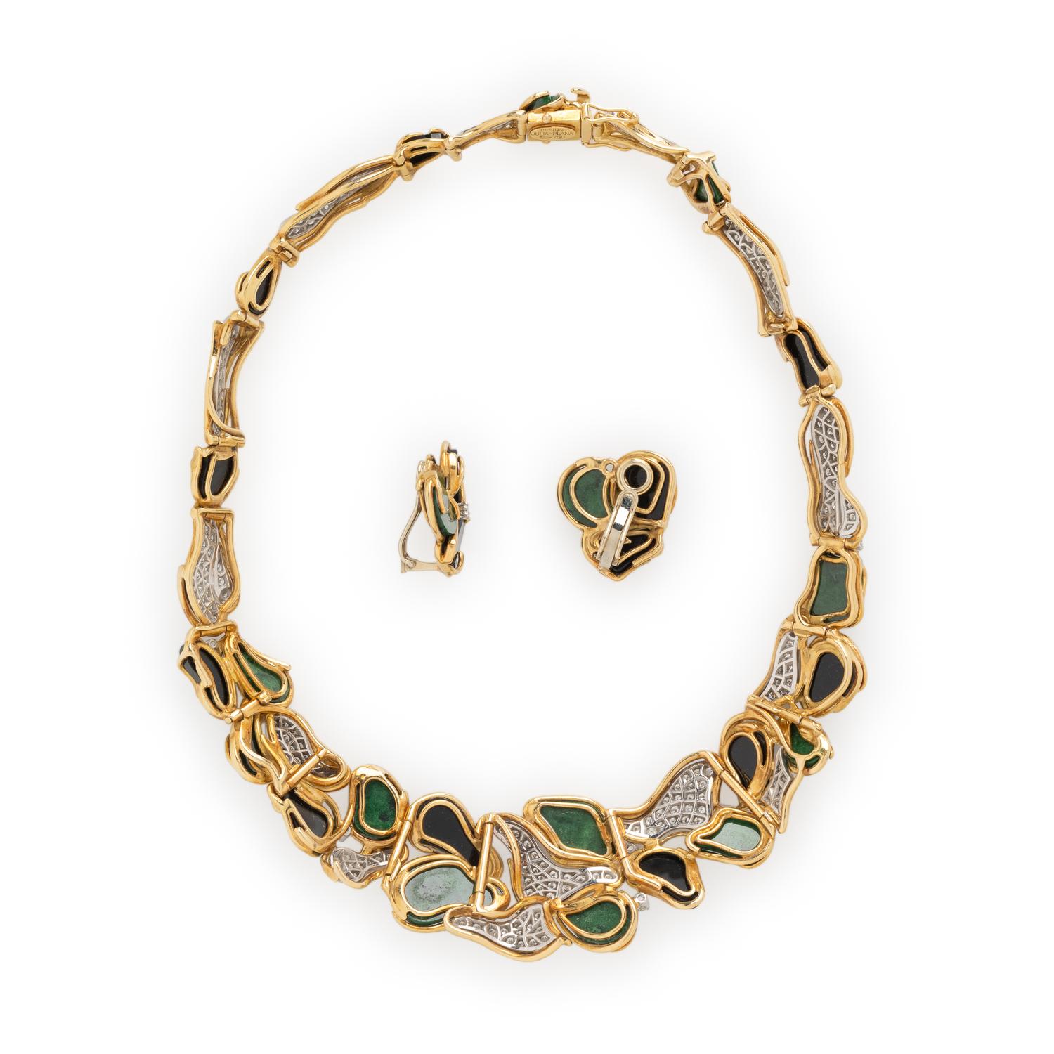 JULIA PLANA, DIAMOND, MAW-SIT-SIT, ONYX, AND YELLOW GOLD NECKLACE AND EARRINGS SET