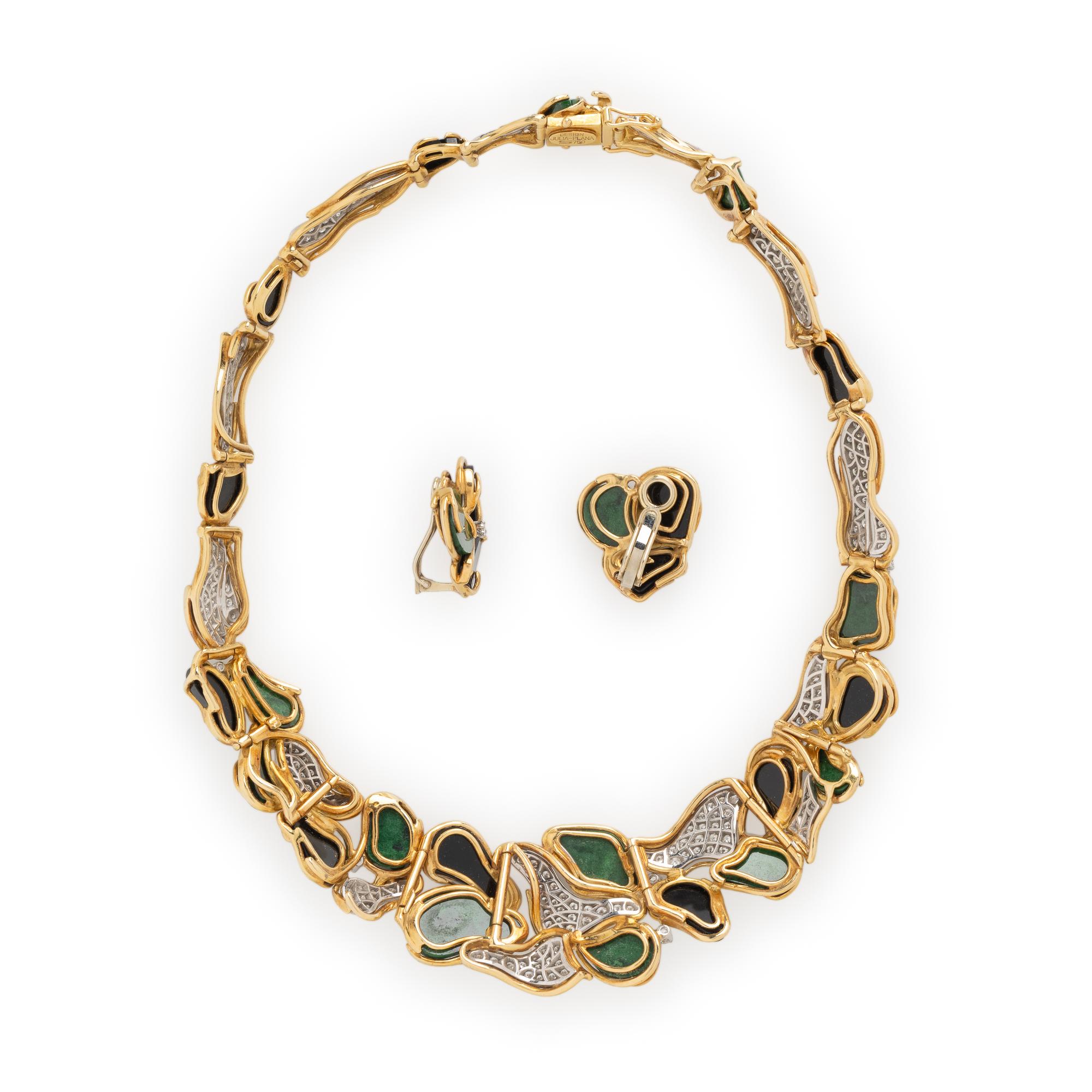JULIA PLANA, DIAMOND, MAW-SIT-SIT, ONYX, AND YELLOW GOLD NECKLACE AND EARRINGS SET