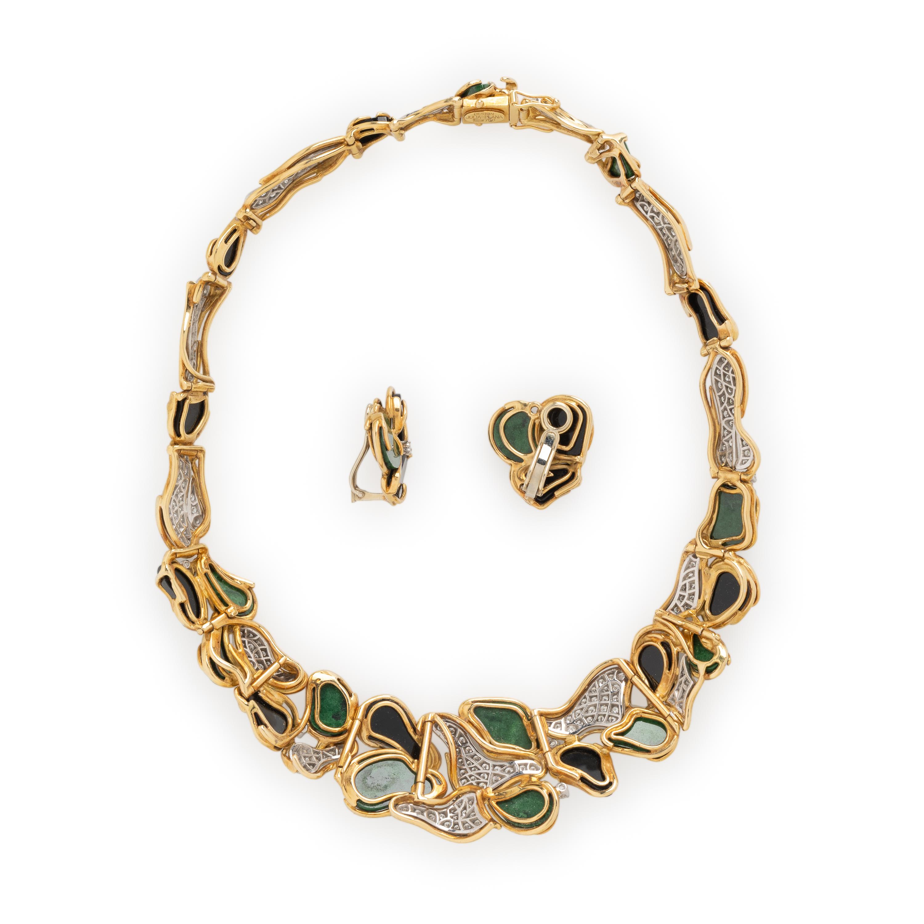 JULIA PLANA, DIAMOND, MAW-SIT-SIT, ONYX, AND YELLOW GOLD NECKLACE AND EARRINGS SET