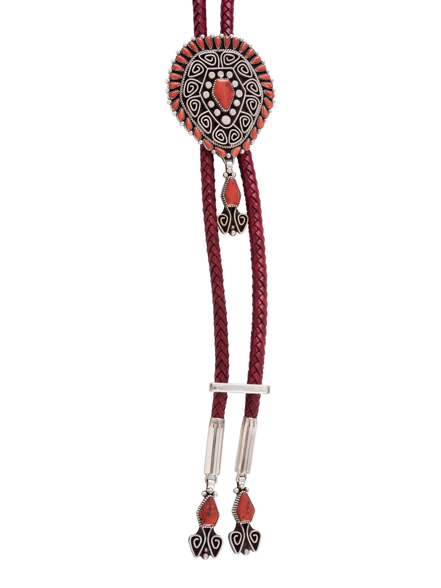 Sterling Silver and Petit Point Coral Bolo Tie