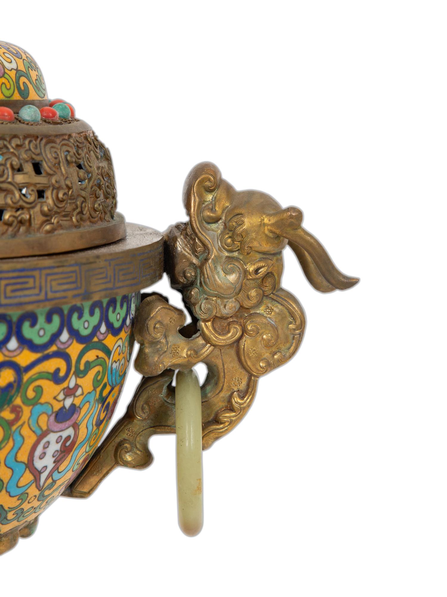 A Chinese Cloisonne Censer with Jade Ring Handles