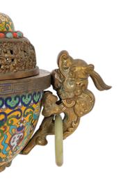 A Chinese Cloisonne Censer with Jade Ring Handles