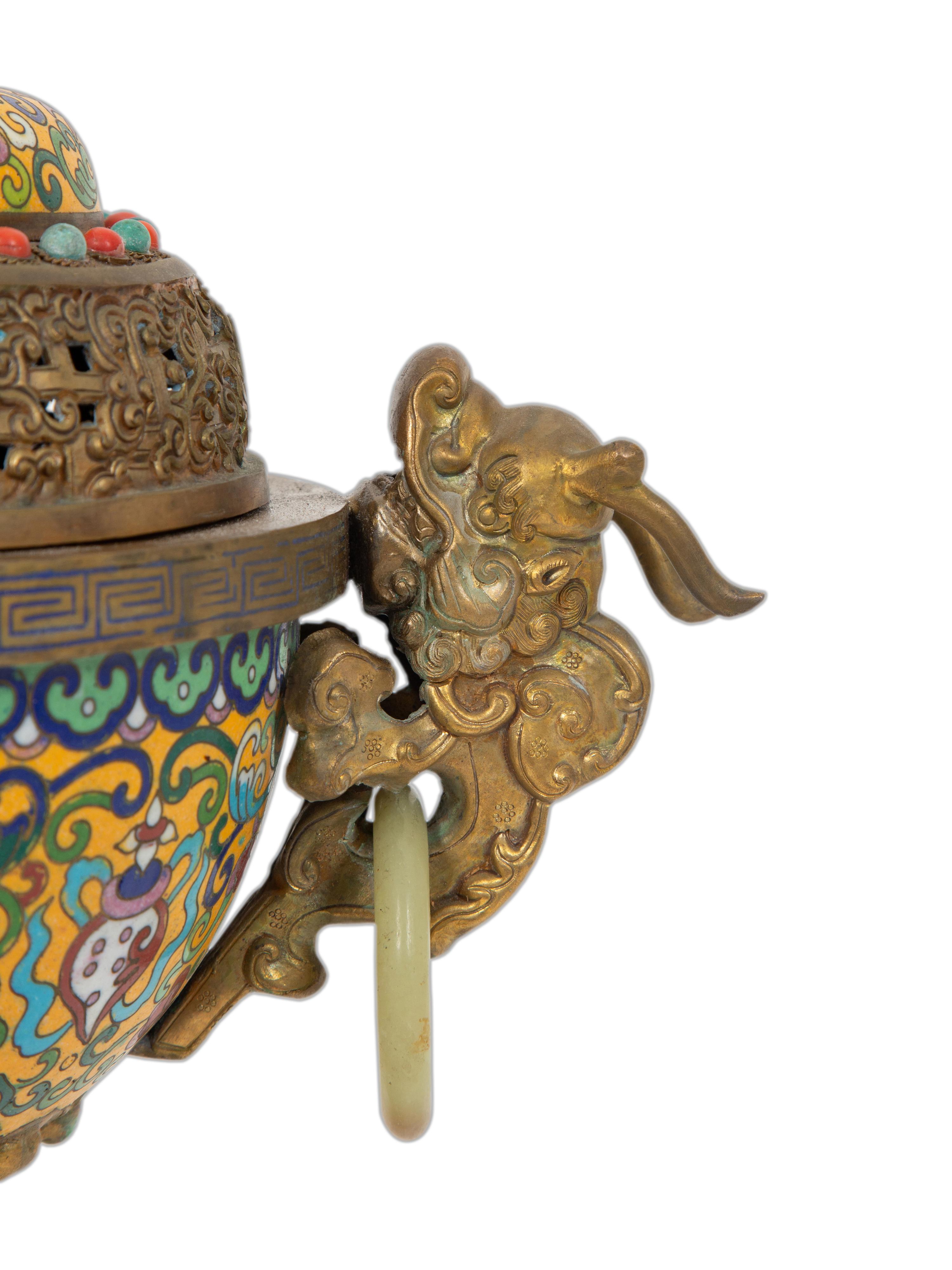 A Chinese Cloisonne Censer with Jade Ring Handles