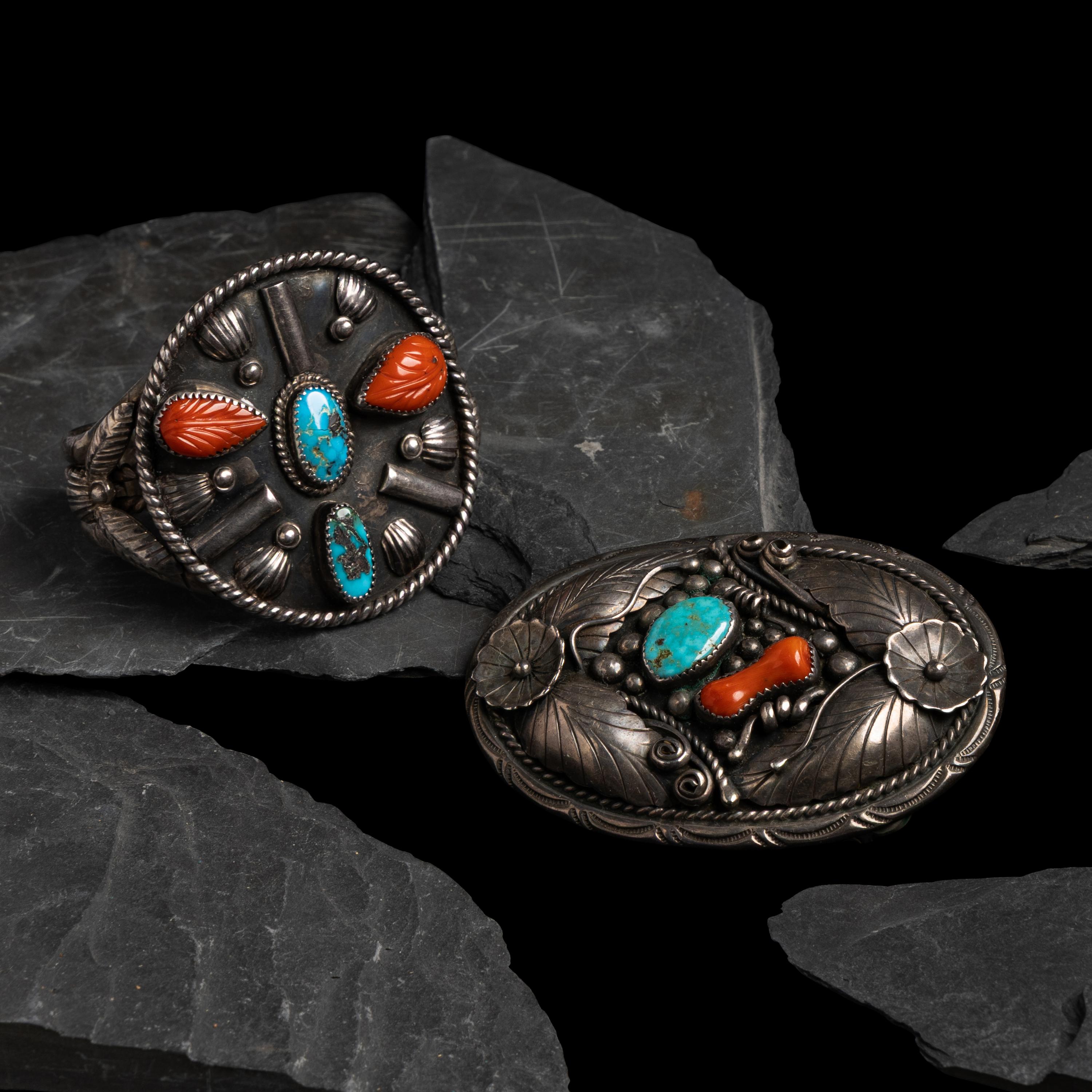 Navajo Silver, Turquoise, and Coral Belt Buckle and Cuff Bracelet