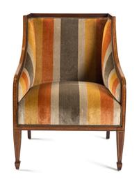 A Pair of Continental Walnut and Mahogany Bergères with Associated Ottomans