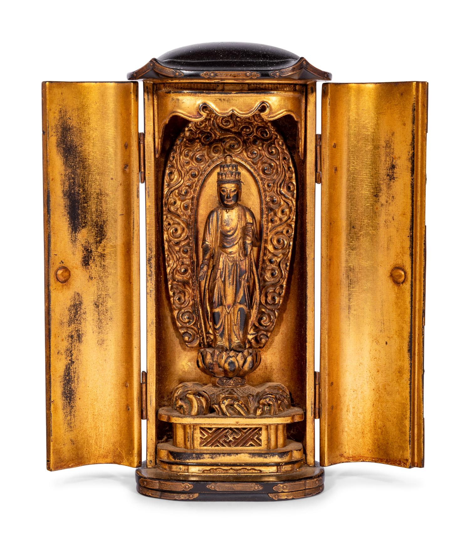 A Gilt Wood Figure of Standing Kannon and A Black and Gilt Wood Traveling Shrine