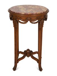 Two Louis XVI Style Carved Walnut Side Tables with Inset Marble Tops