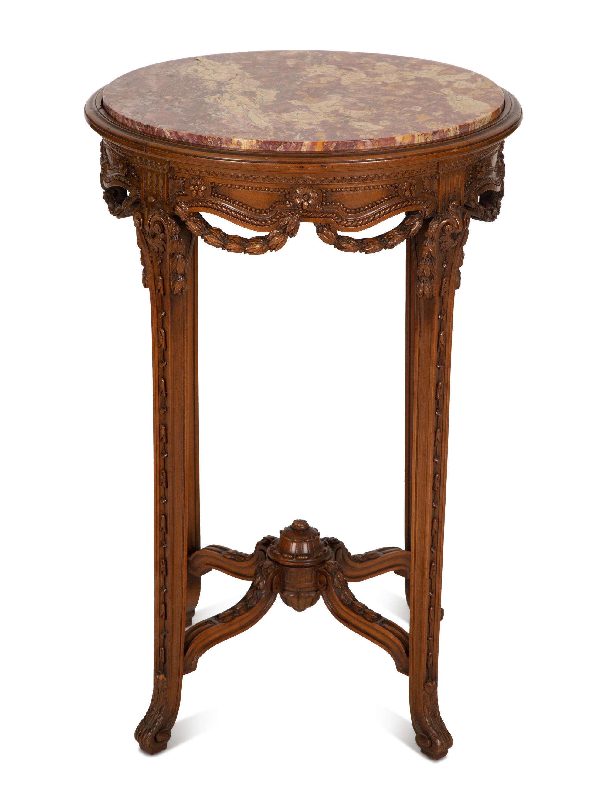 Two Louis XVI Style Carved Walnut Side Tables with Inset Marble Tops