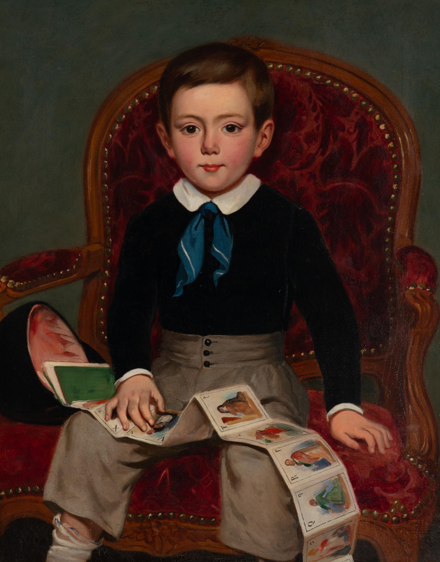 French School 19th Century, A Portrait of a Seated Boy Holding Alphabetic Saint Booklet