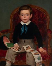 French School 19th Century, A Portrait of a Seated Boy Holding Alphabetic Saint Booklet