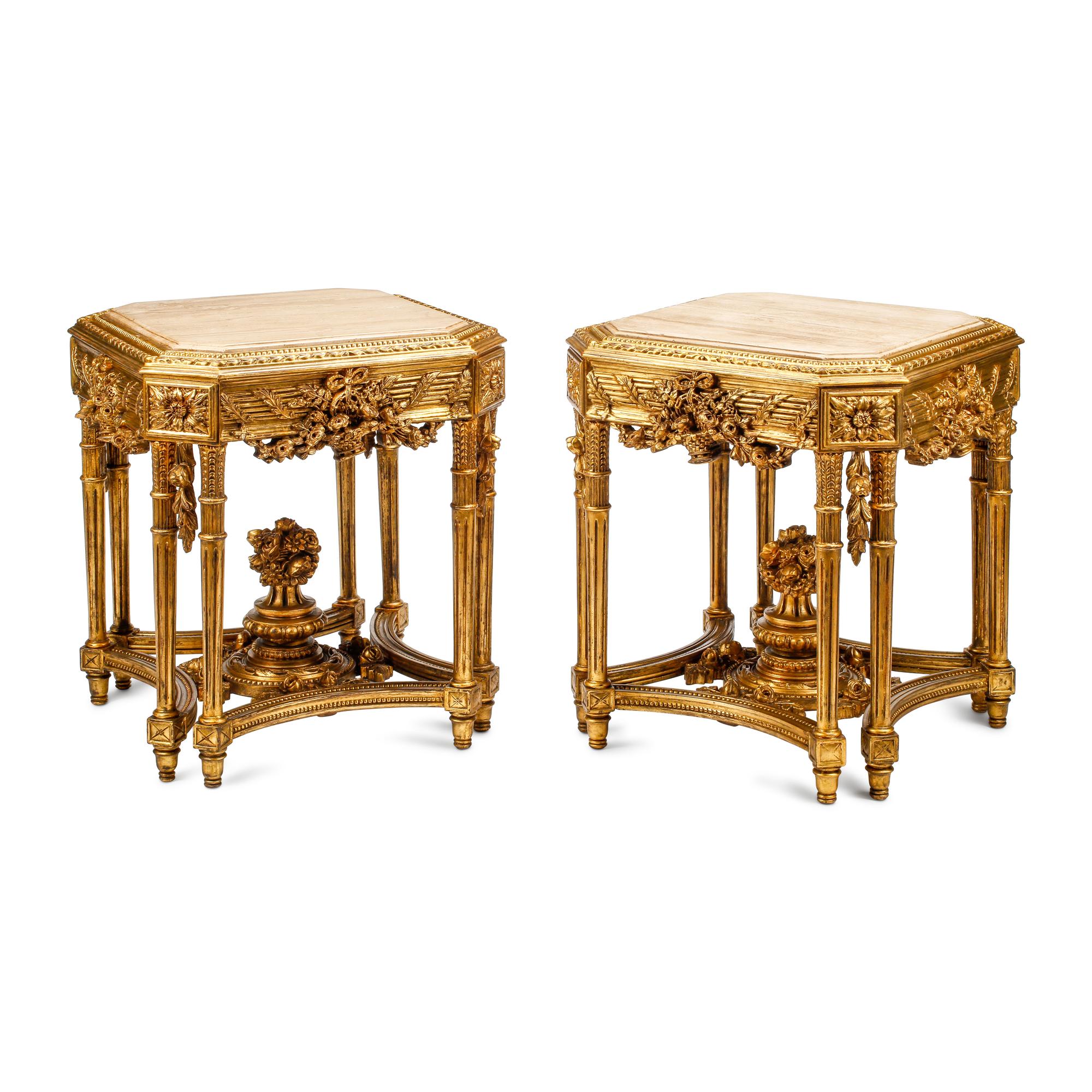 A Pair of Louis XVI Style Giltwood Marble-Top Tables