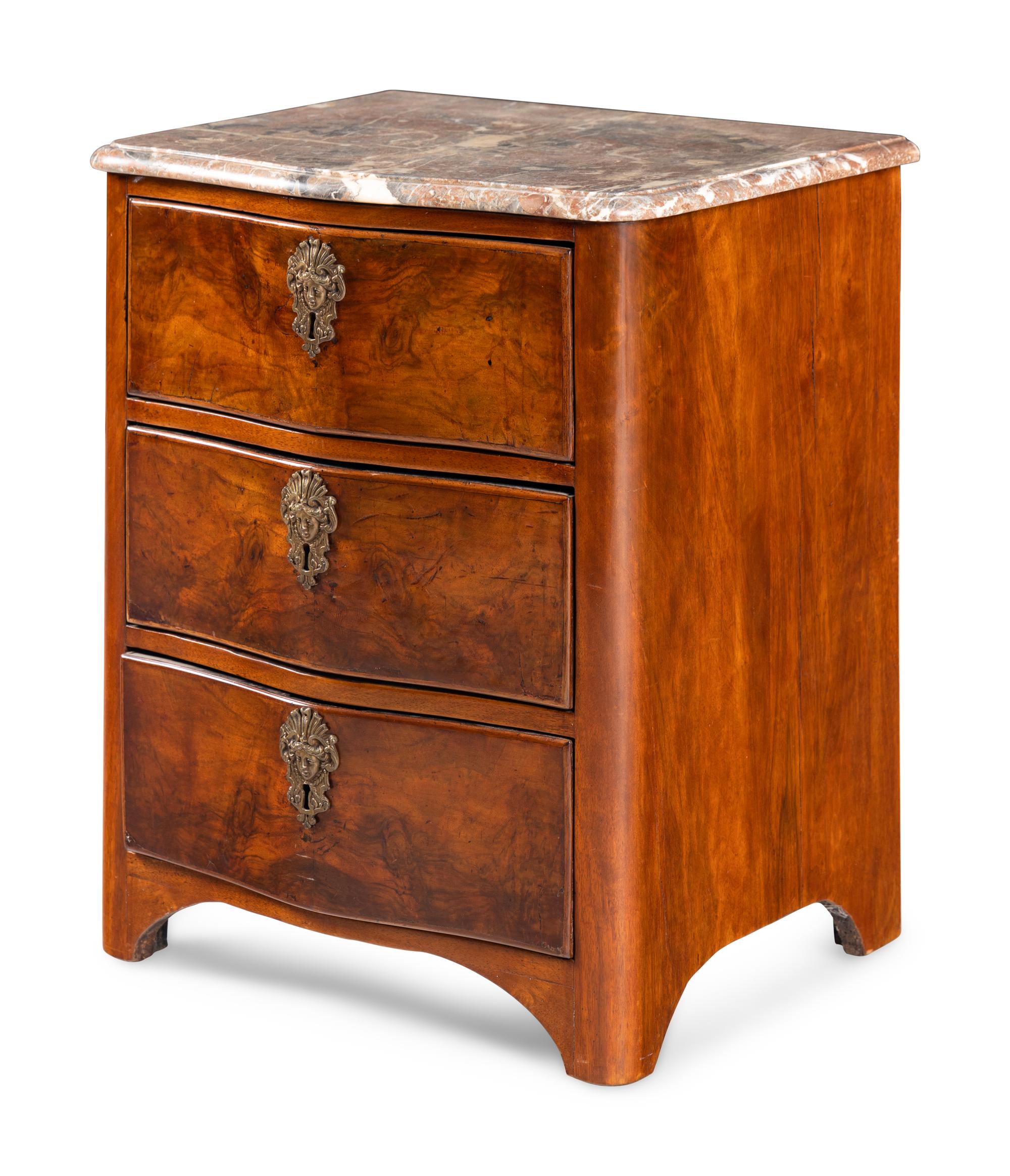 A Louis XV Walnut Marble-Top Small Commode