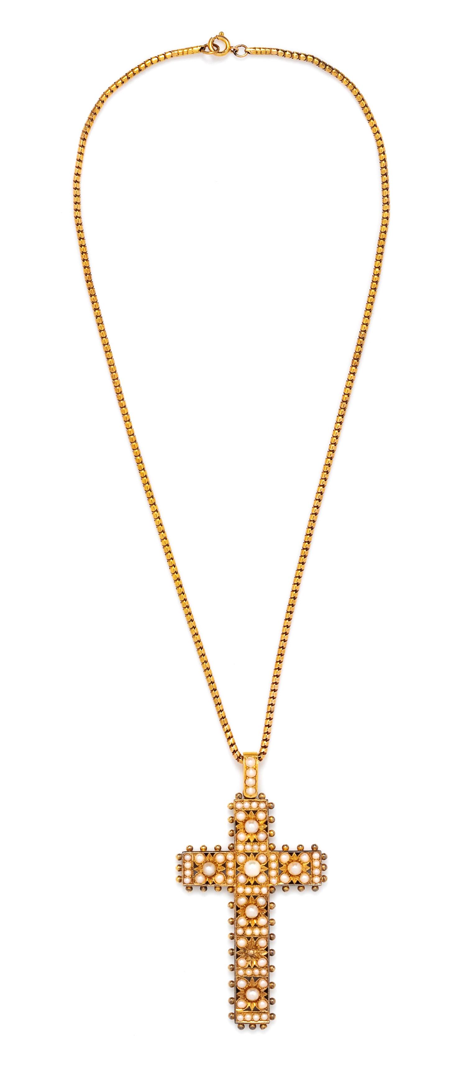 Victorian, Seed Pearl Cross Pendant and Chain