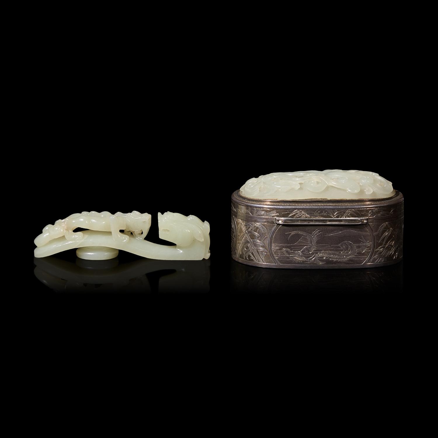 A Chinese Carved Jade Plaque-Inset Silver Box and a Jade 'Dragon' Belt Hook, 18th/19th Century 清中期 銀嵌玉牌香盒及蒼龍教子帶鈎