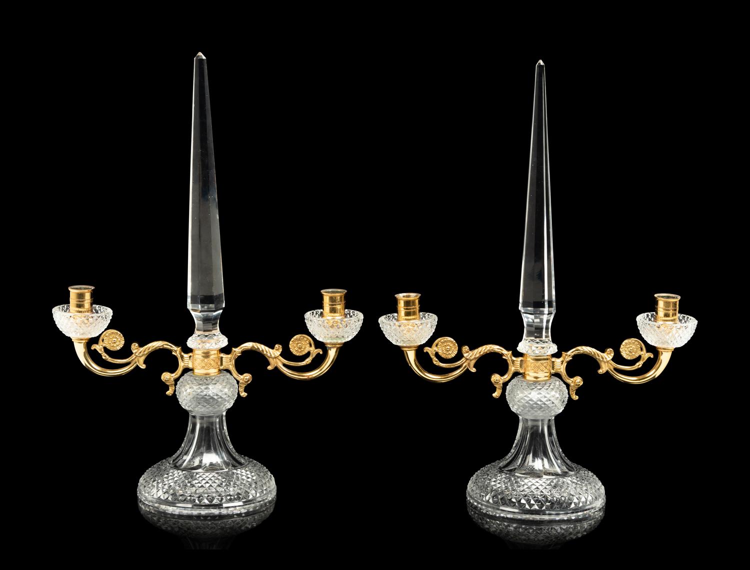 A Pair of Gilt Metal and Cut Glass Obelisk Form Two-Light Candelabra
