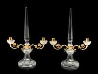 A Pair of Gilt Metal and Cut Glass Obelisk Form Two-Light Candelabra
