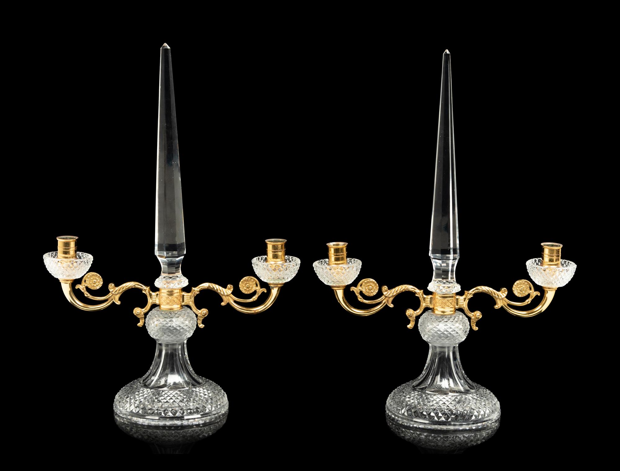 A Pair of Gilt Metal and Cut Glass Obelisk Form Two-Light Candelabra