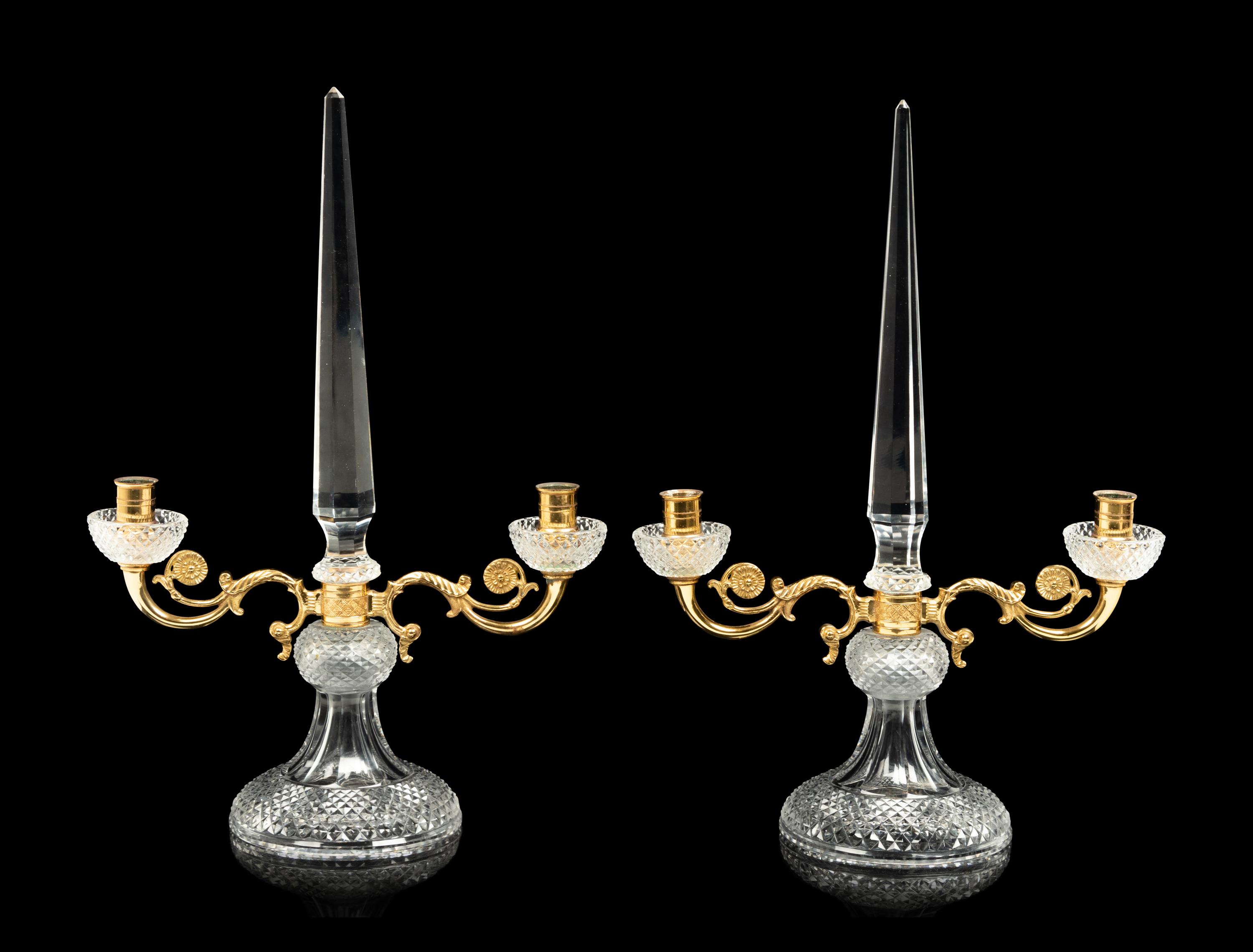 A Pair of Gilt Metal and Cut Glass Obelisk Form Two-Light Candelabra