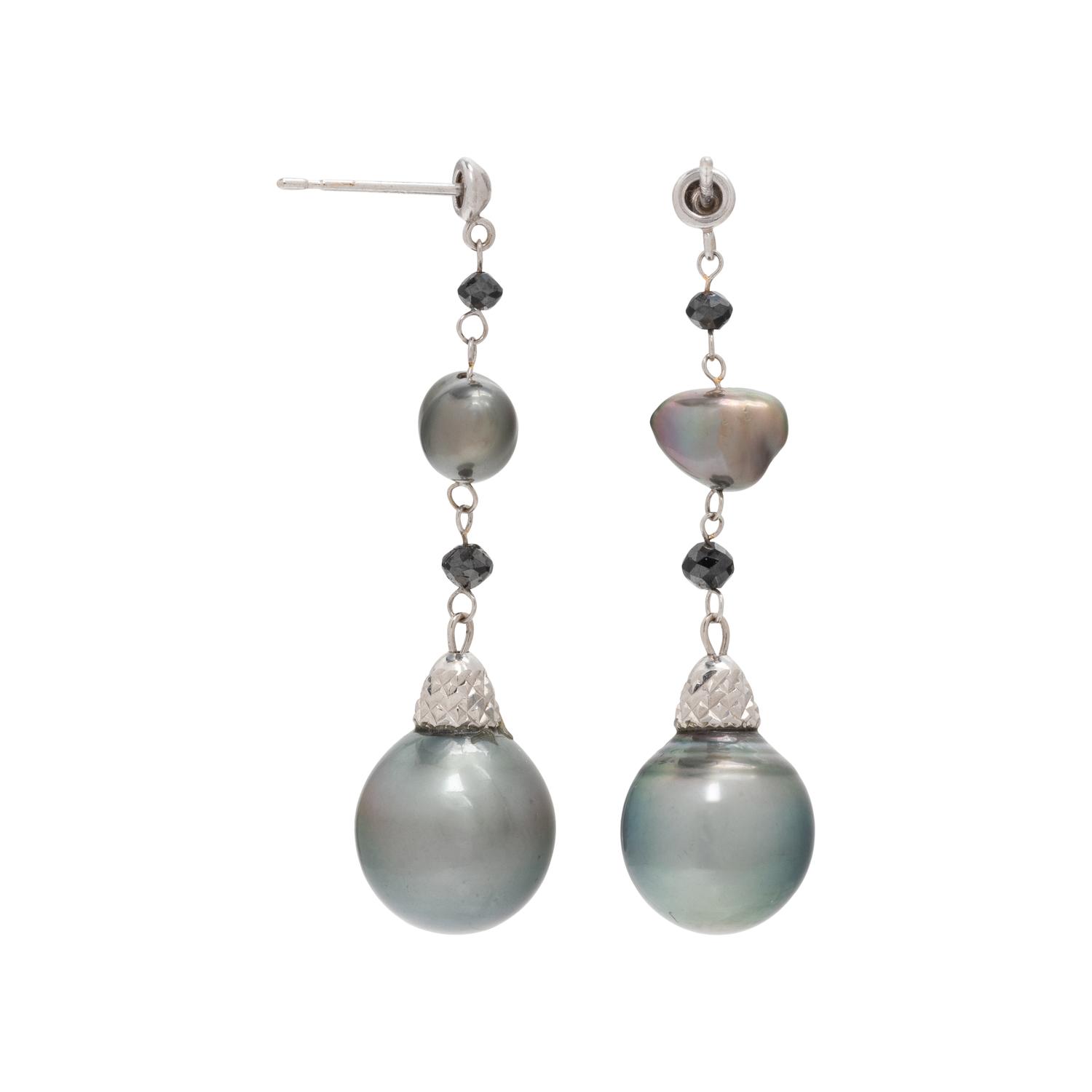 CULTURED TAHITIAN PEARL AND BLACK DIAMOND EARRINGS