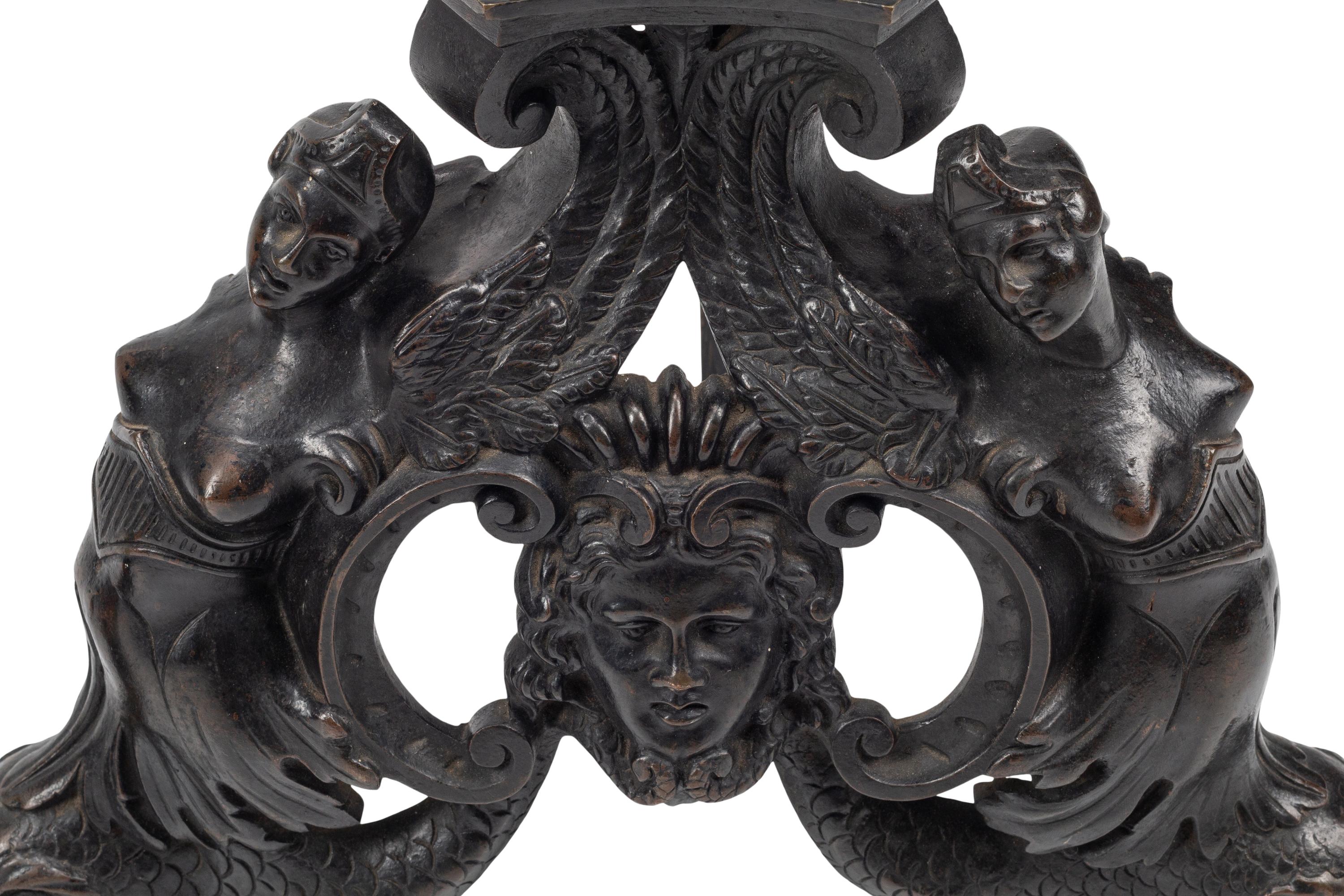 A Pair of Large Baroque Style Gilt and Patinated Bronze Figural Chenets