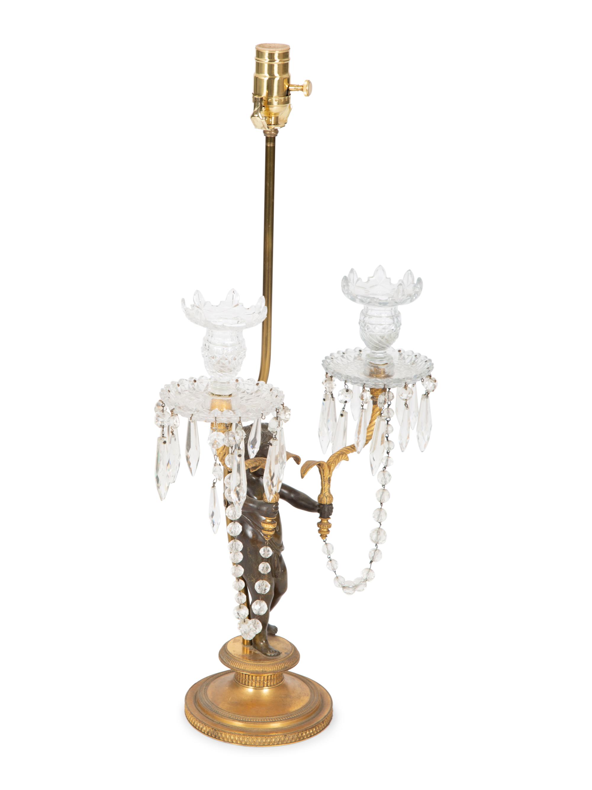A Continental Bronze and Cut Glass Figural Candelabrum Mounted as a Lamp — 19TH CENTURY