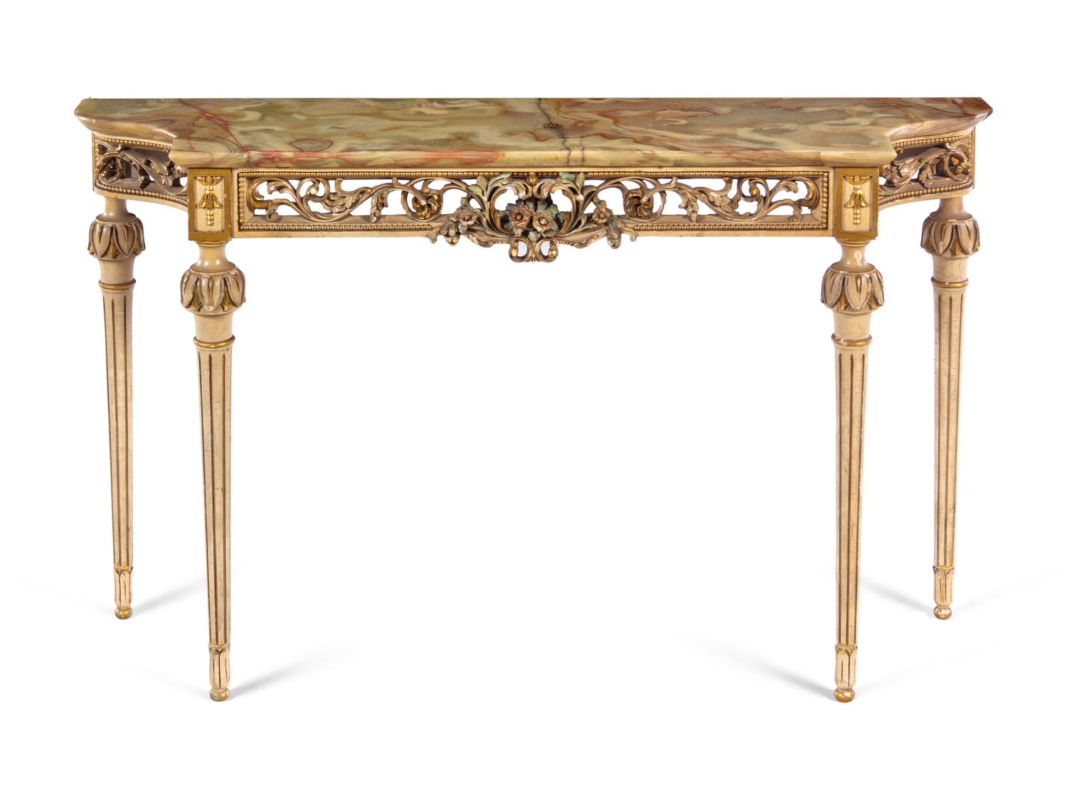 A Louis XVI Style Painted and Parcel Gilt Onyx-Top Console Table