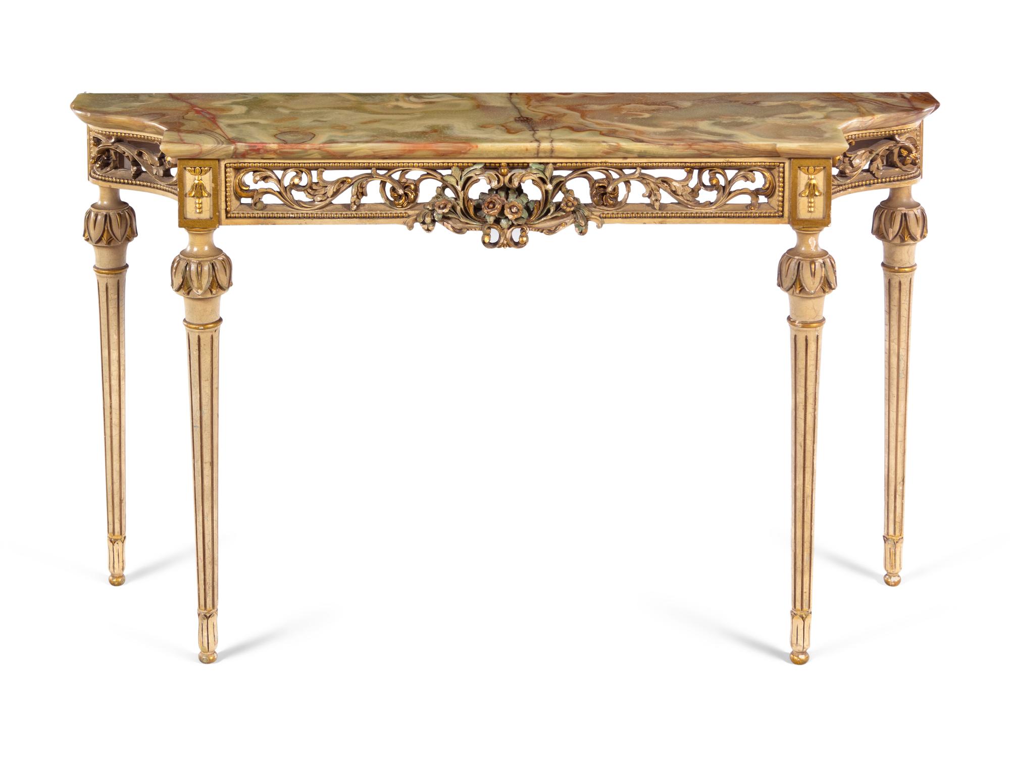 A Louis XVI Style Painted and Parcel Gilt Onyx-Top Console Table