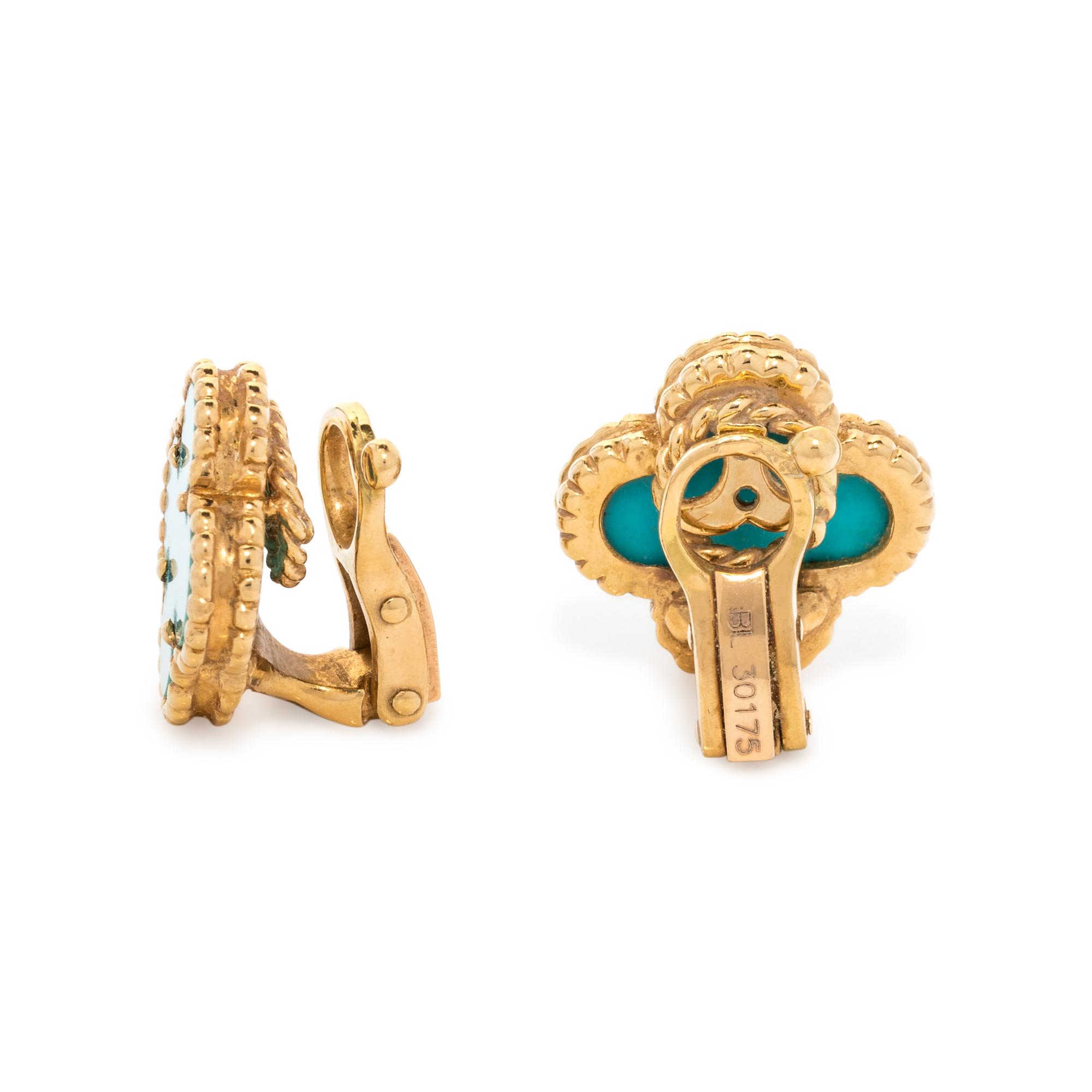 VAN CLEEF & ARPELS, YELLOW GOLD AND TURQUOISE 'ALHAMBRA' EARCLIPS