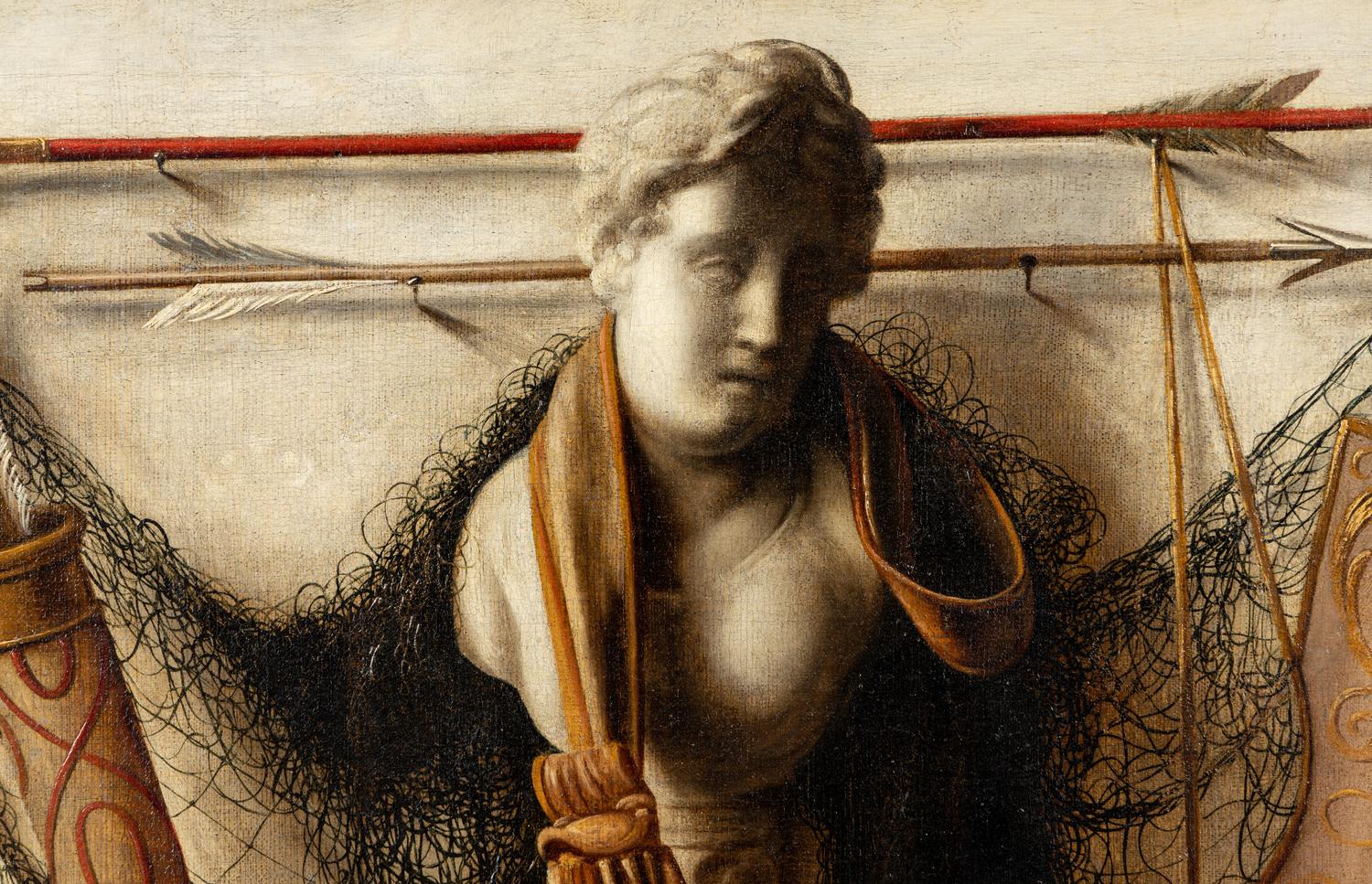 Trompe l'oeil Still Life of Arrows, a Bow, Quivers, a Leather Pouch, Netting, a Marble Bust and Other Objects Affixed to a Wall