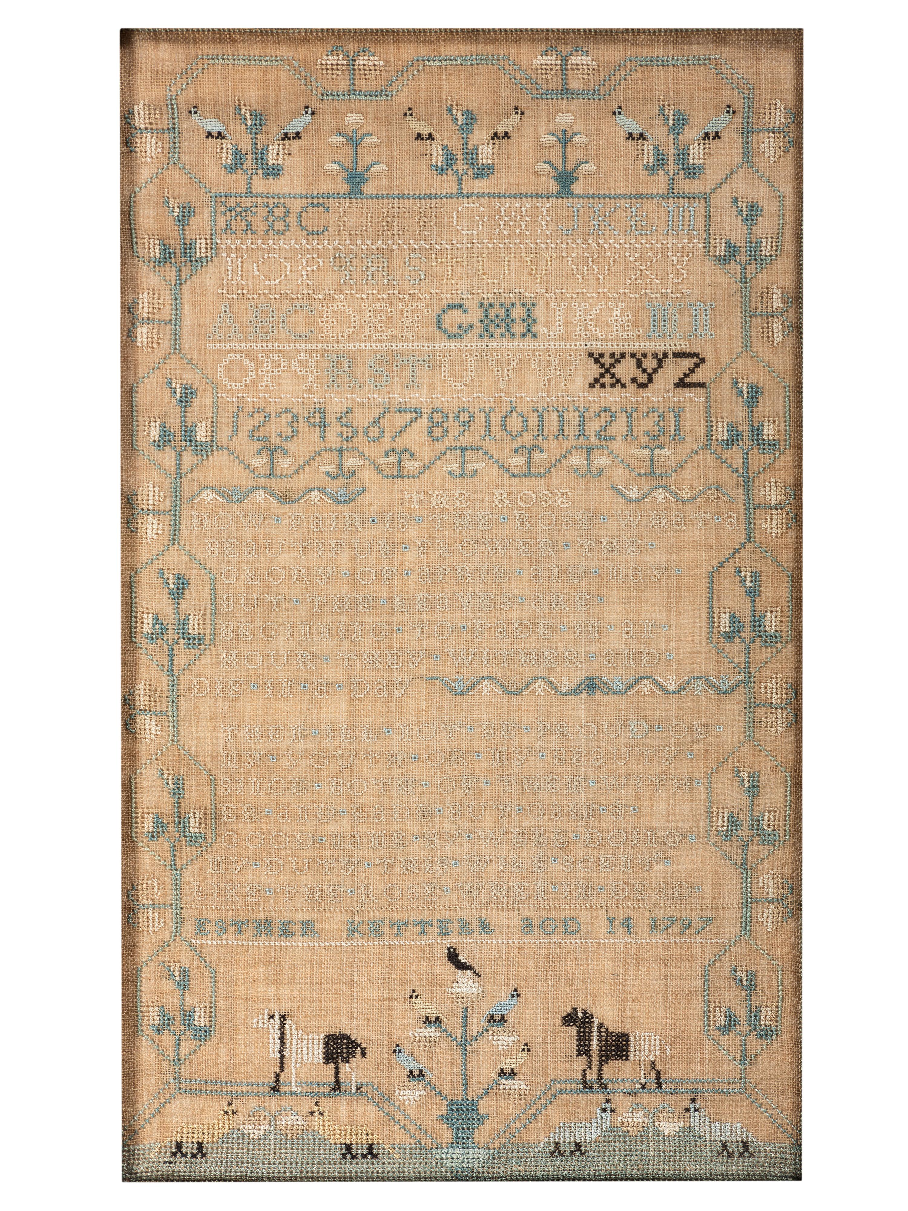A Pair of Needlework Embroidered Schoolgirls' Samplers, Wrought by the Kettell Sisters, Sukey and Esther