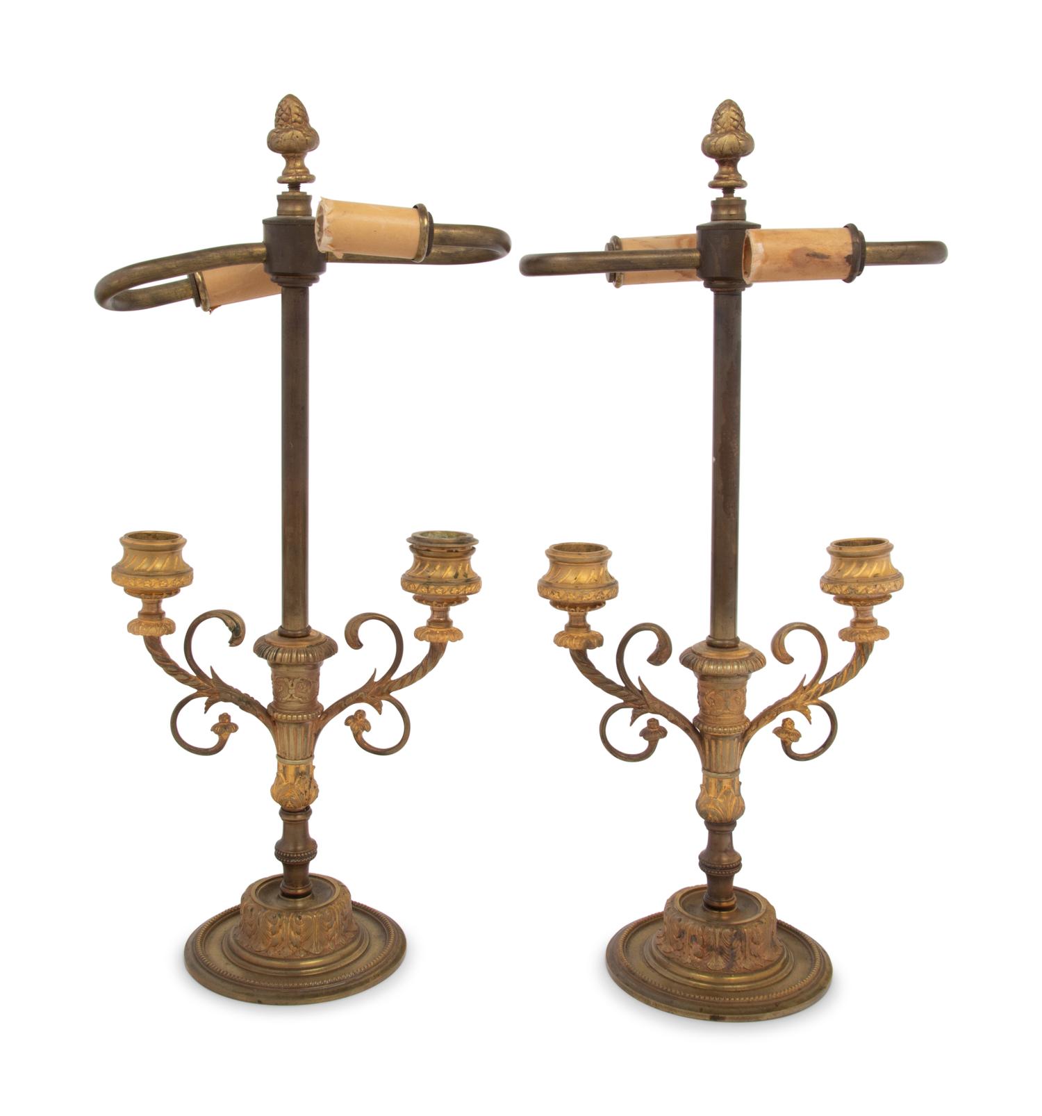 A Pair of French Gilt Bronze Two-Light Candelabra Mounted as Lamps
