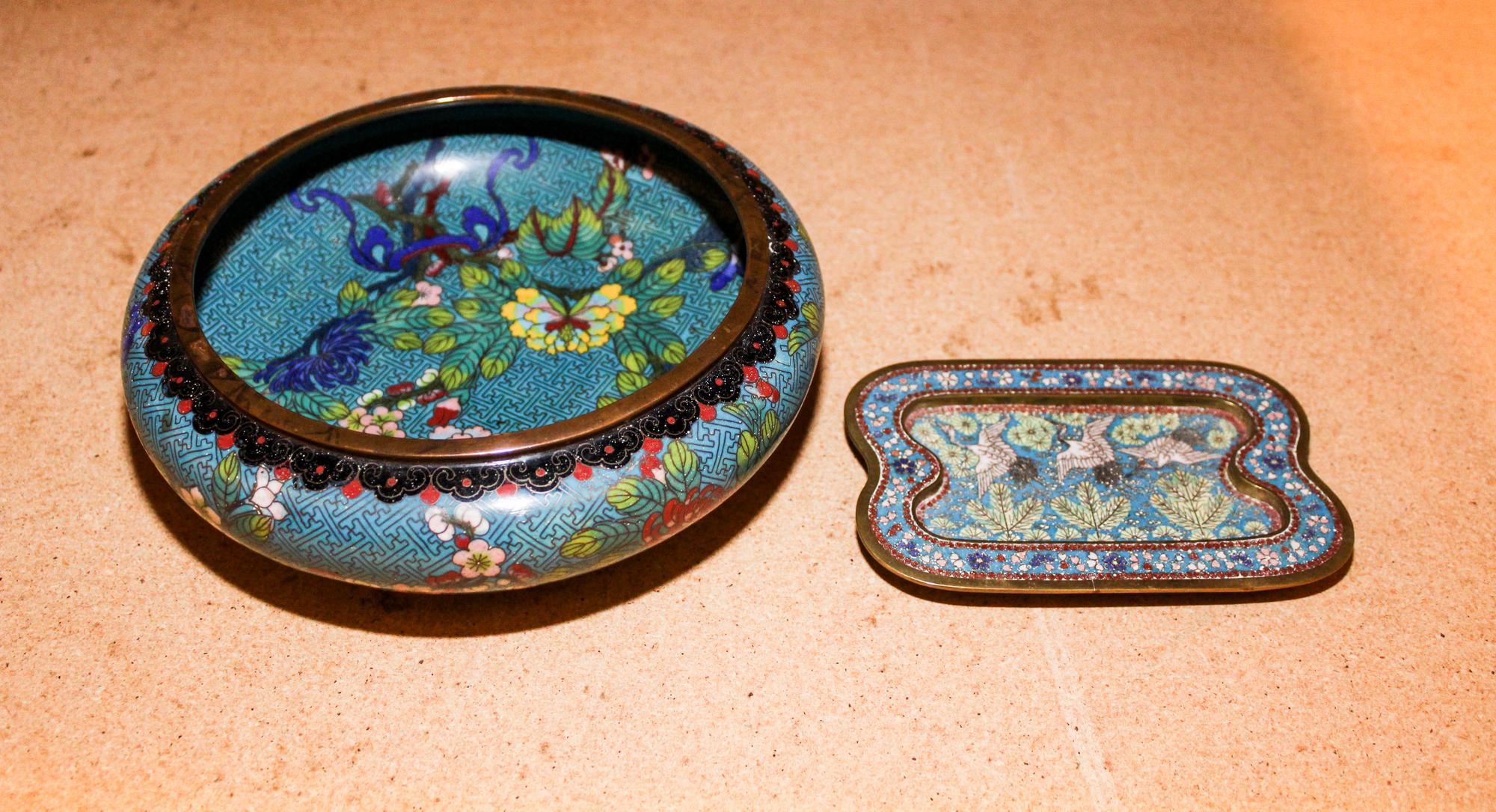 Two Chinese Cloisonne Articles. Diameter of larger 8 inches.