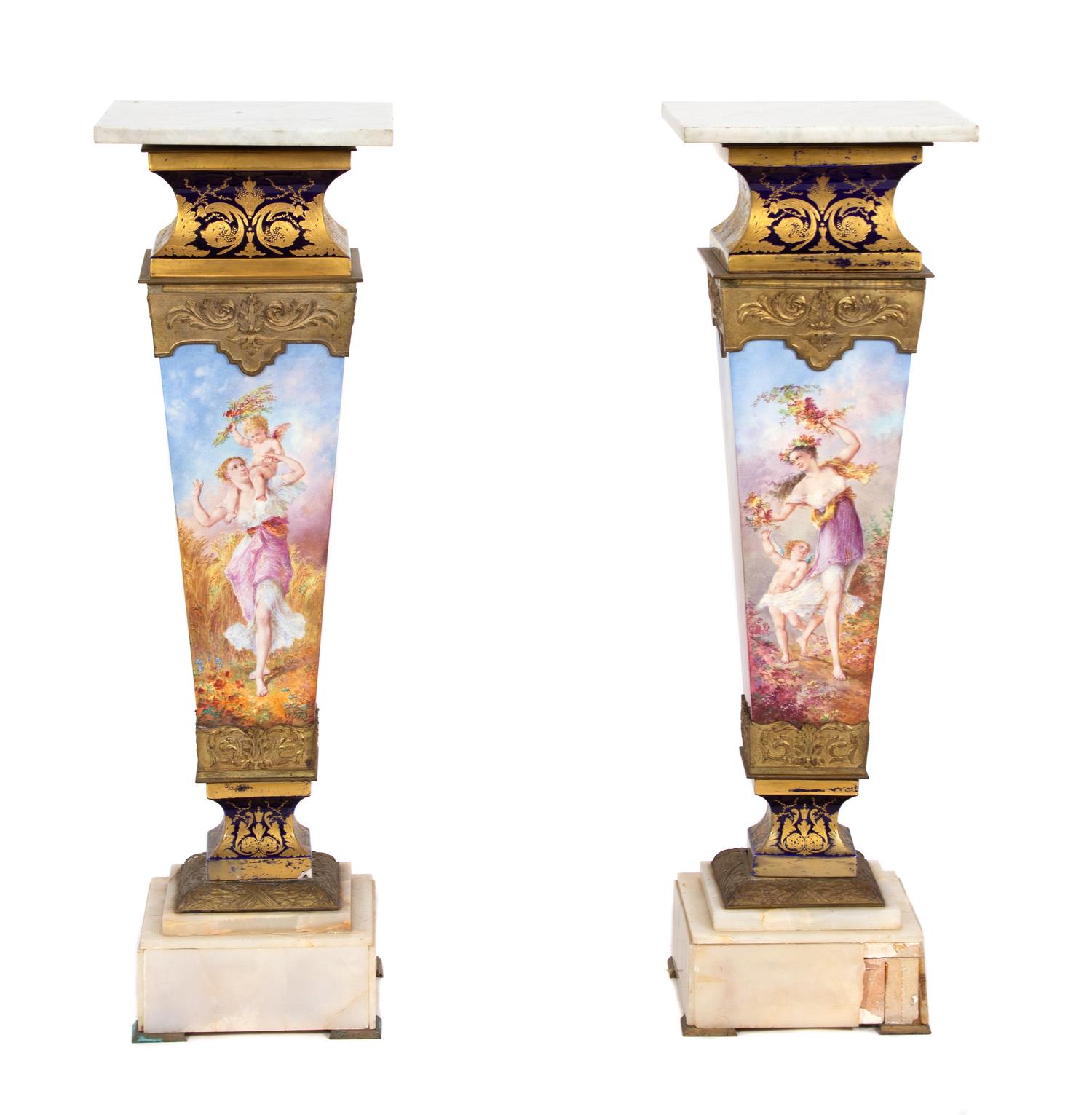 A Pair of Gilt Bronze Mounted Sevres Style Porcelain, Marble and Onyx Pedestals Height 40 1/2 inches. — 19TH CENTURY