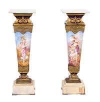 A Pair of Gilt Bronze Mounted Sevres Style Porcelain, Marble and Onyx Pedestals Height 40 1/2 inches. — 19TH CENTURY