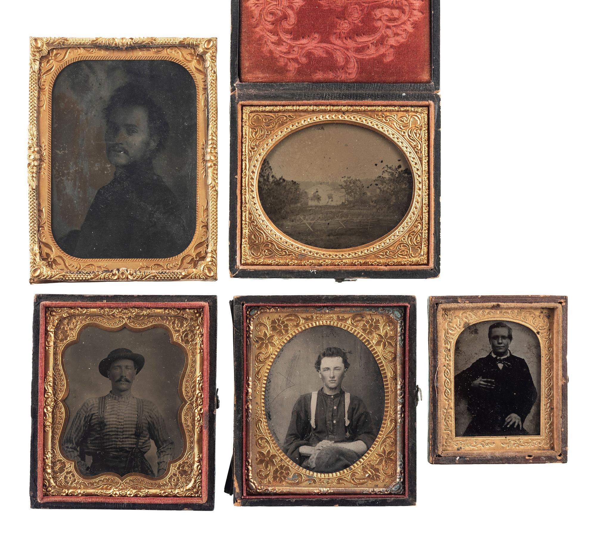 [EARLY PHOTOGRAPHY - PORTRAITURE]. A group of assorted tintypes ambrotypes, paper photographs, and union cases, including: