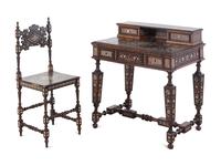 A Moroccan Bone Inlaid Walnut Desk and Chair