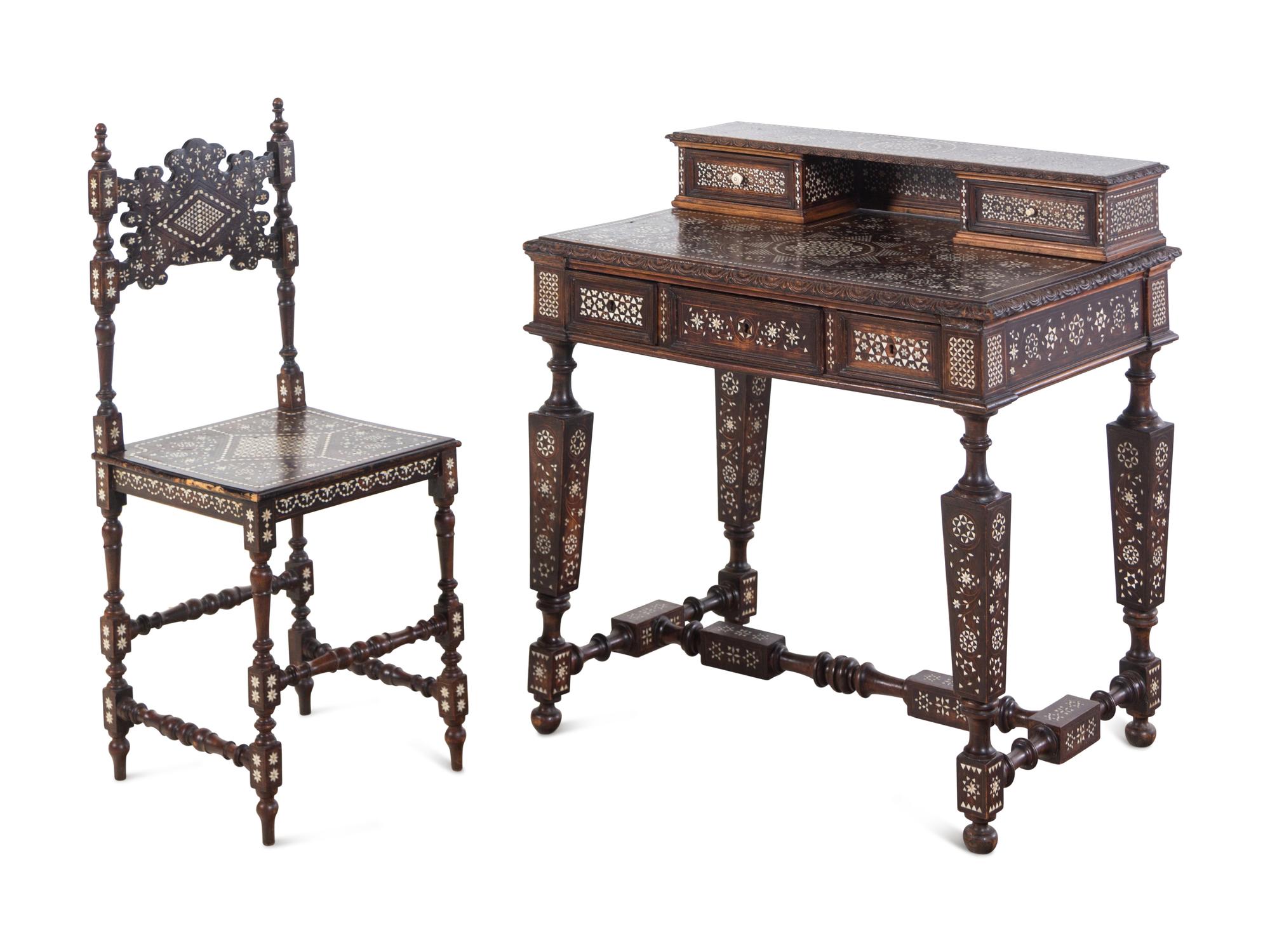 A Moroccan Bone Inlaid Walnut Desk and Chair
