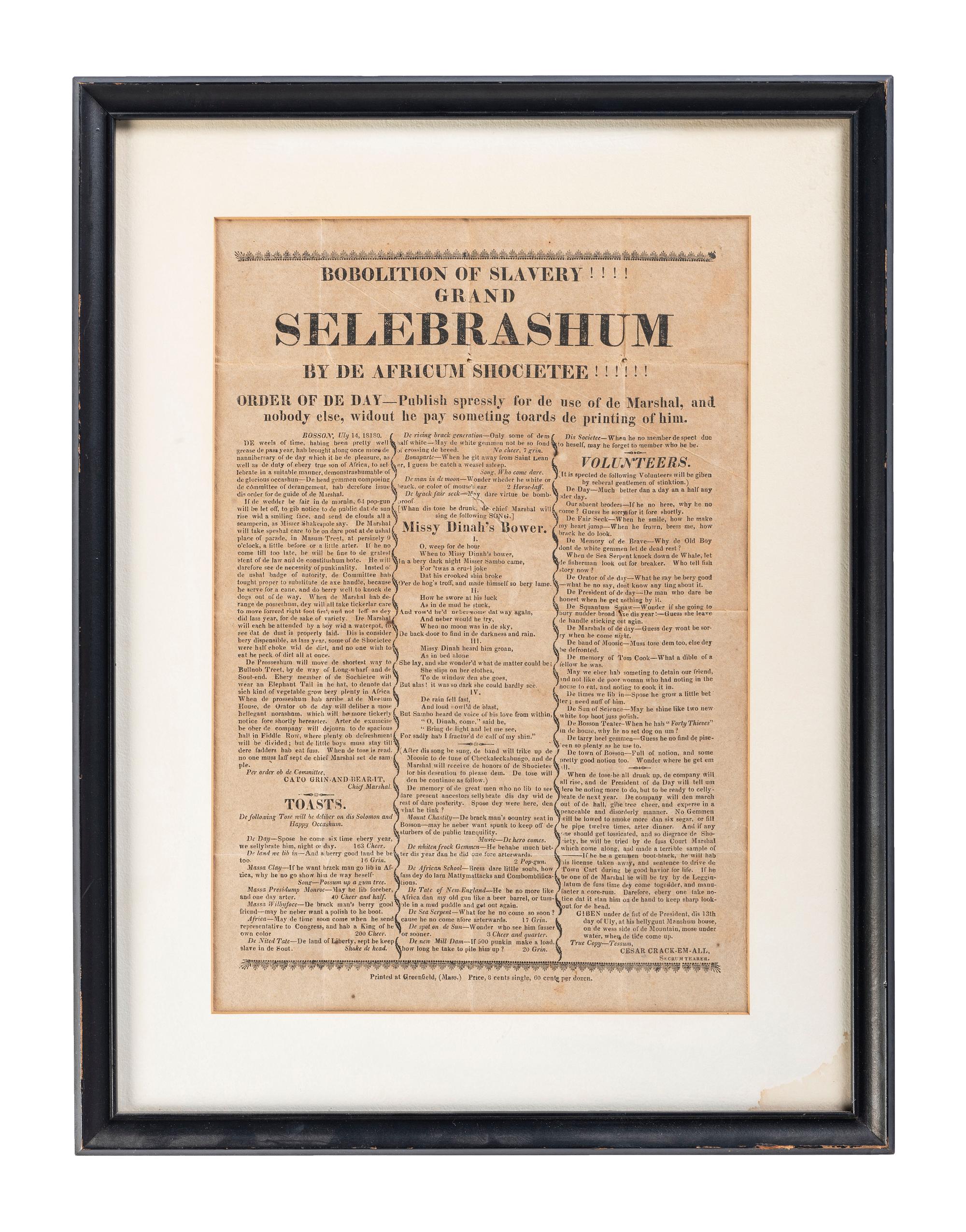 [ENSLAVEMENT & ABOLITION]. Anti-Black satirical broadside. Greenfield, MA: N.p., [1818].