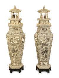 A Pair of Chinese Monumental Carved Bone Palace Vases with Pagoda Tops — 20TH CENTURY