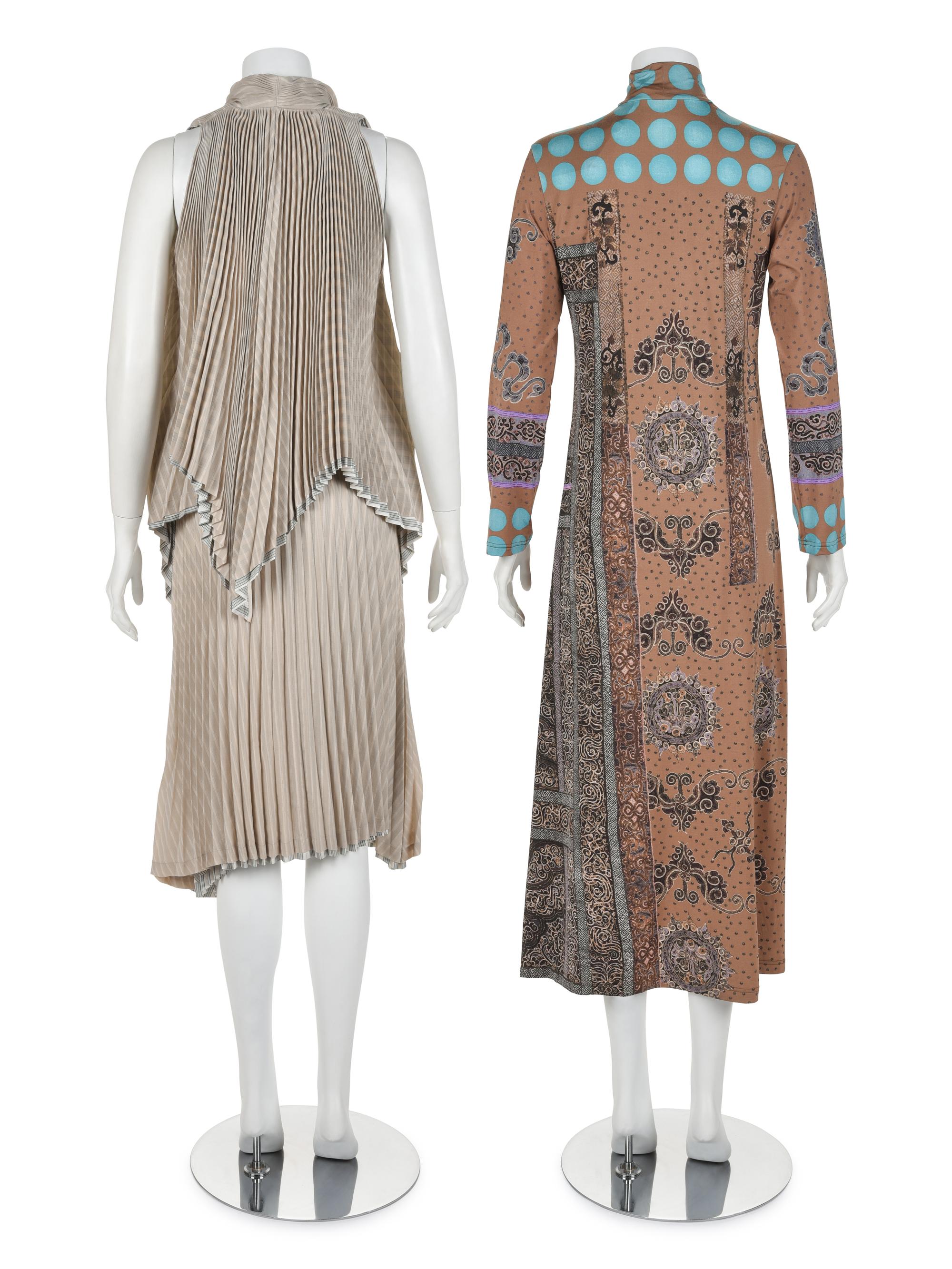 Two Issey Miyake Ensembles: One Two-Piece Pleated Ensemble and One Printed Dress