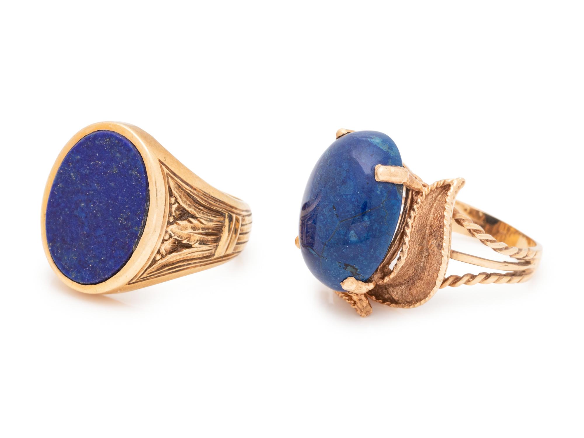 A Collection of 14 Karat Yellow Gold and Lapis Lazuli Rings,