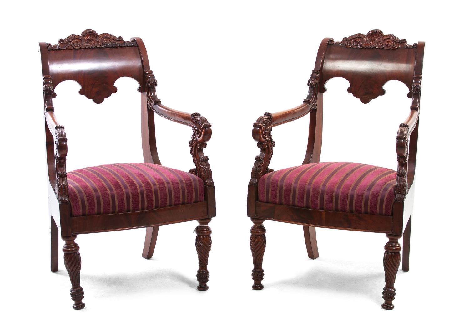A Pair of Russian Empire Mahogany Armchairs, Height 38 3/4 inches.