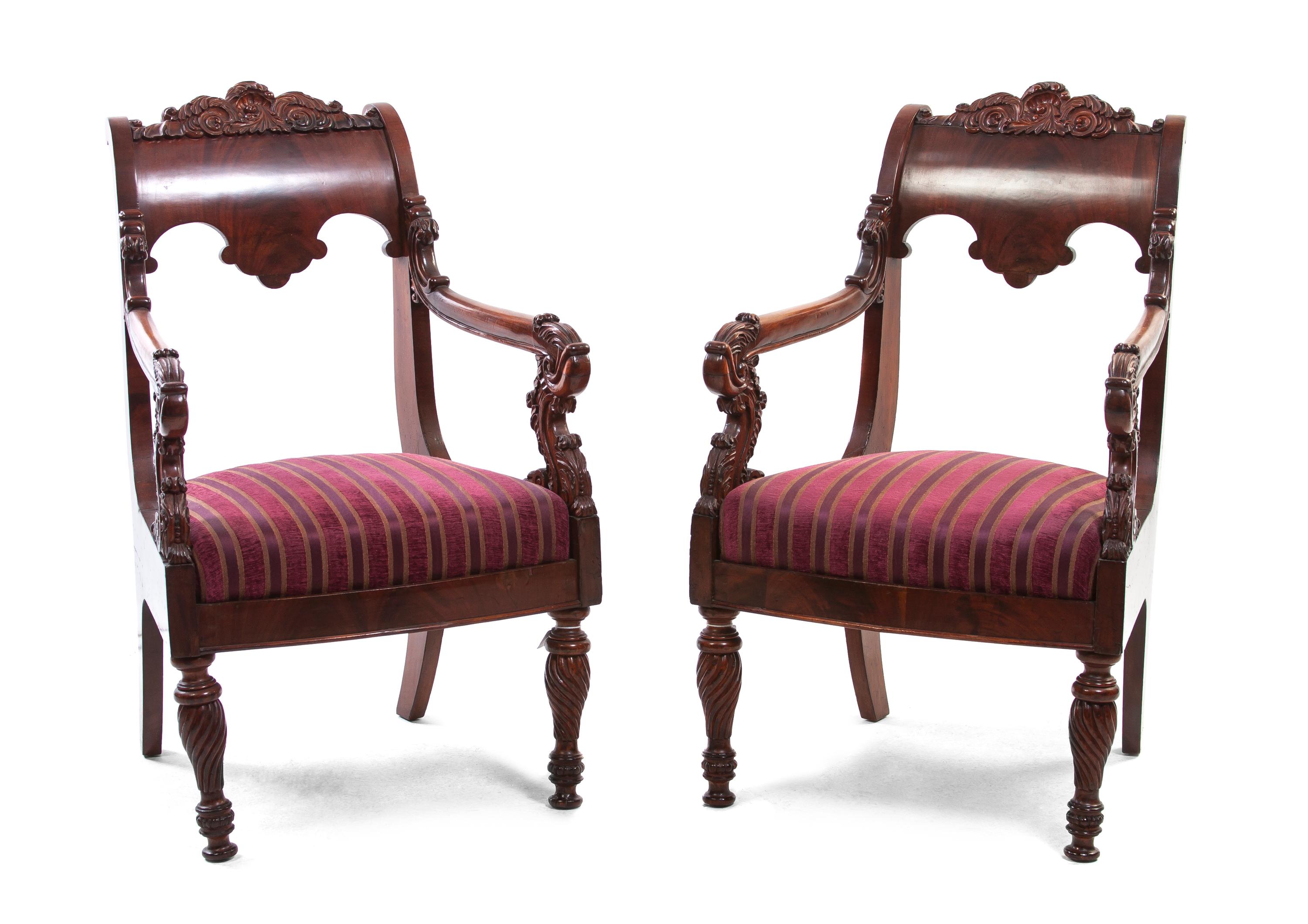 A Pair of Russian Empire Mahogany Armchairs, Height 38 3/4 inches.