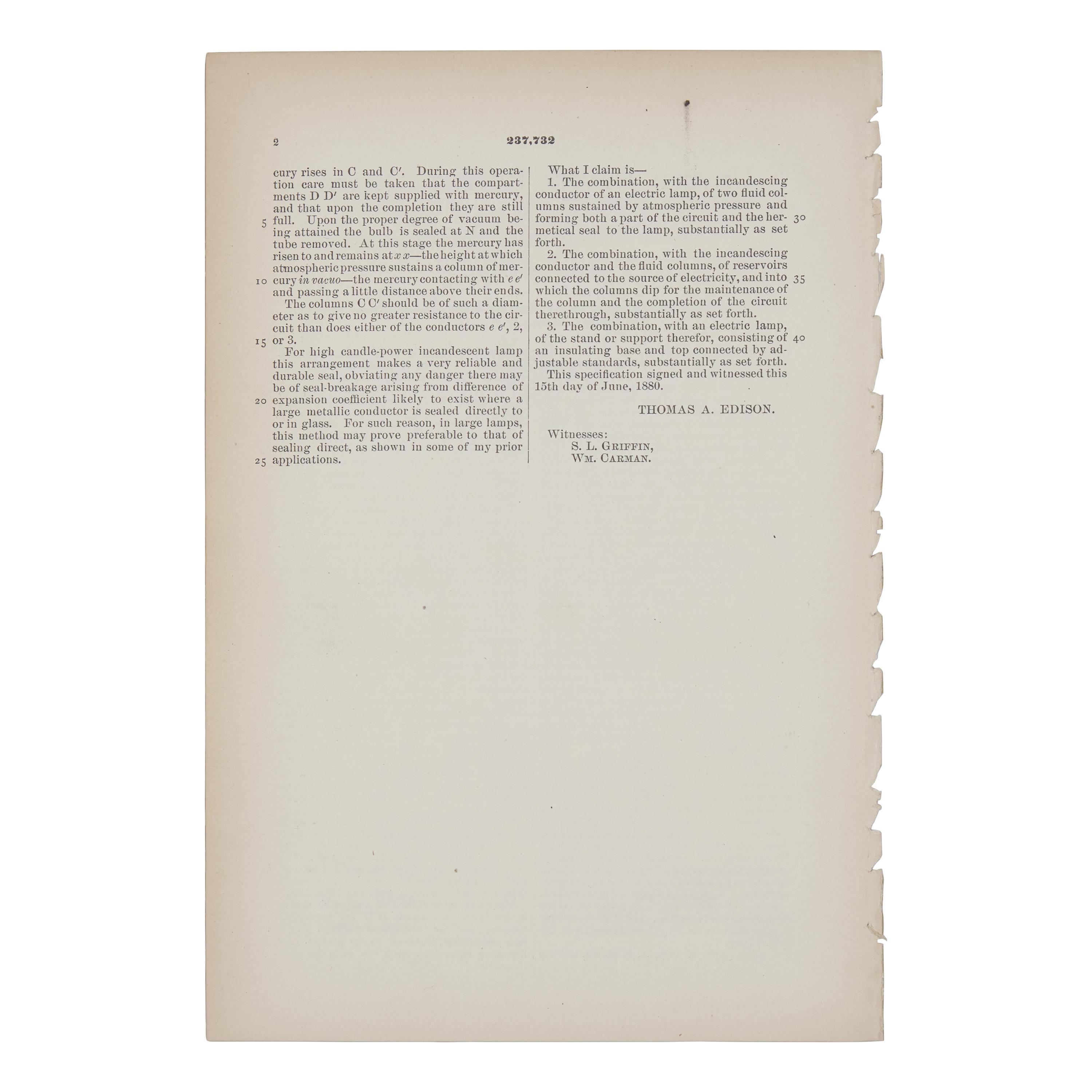 [Science & Technology] Thomas Edison's Laboratory Copy of a Patent for an Electric Light, 1881