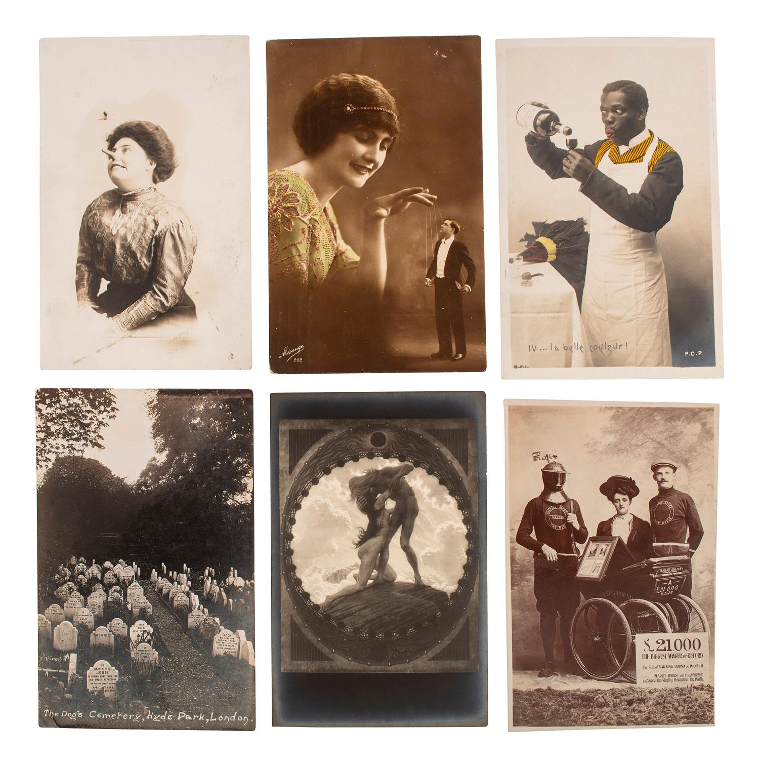 [EARLY PHOTOGRAPHY]. A group of 56 real photo postcards of performers and curious scenes and subjects from the United States and abroad, including: