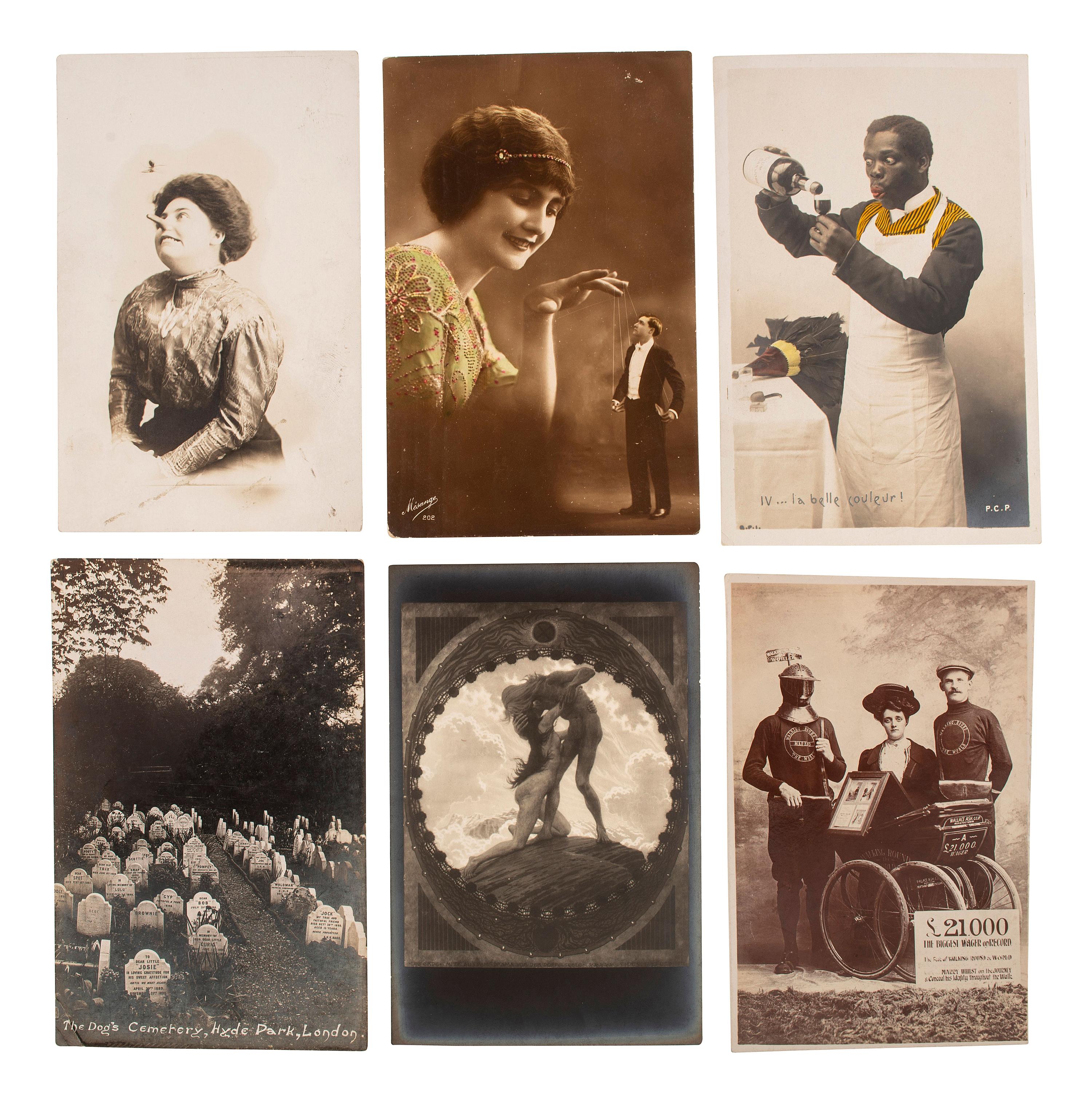 [EARLY PHOTOGRAPHY]. A group of 56 real photo postcards of performers and curious scenes and subjects from the United States and abroad, including: